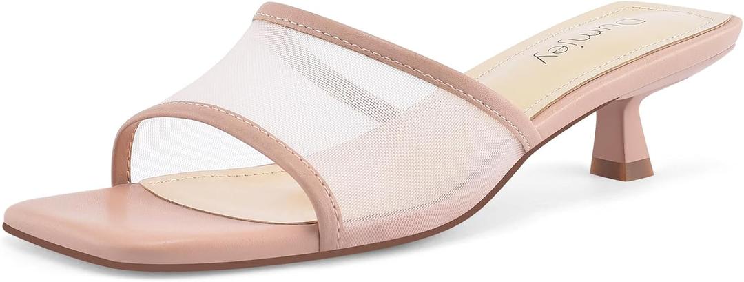 Mesh Heel Mules for Women Kitten Heeled Sandals Square Open Toe Comfort Slip On Casual Shoes (10, Nude)