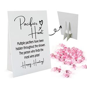 Baby Pacifier Hunt Baby Shower Games, Gender Reveal Game, 8×10 Sign and 50 Mini Acrylic Pacifier, Favorite Adults Kids Games for Baby Shower Activities, Gender Neutral Boy and Girl BPH02