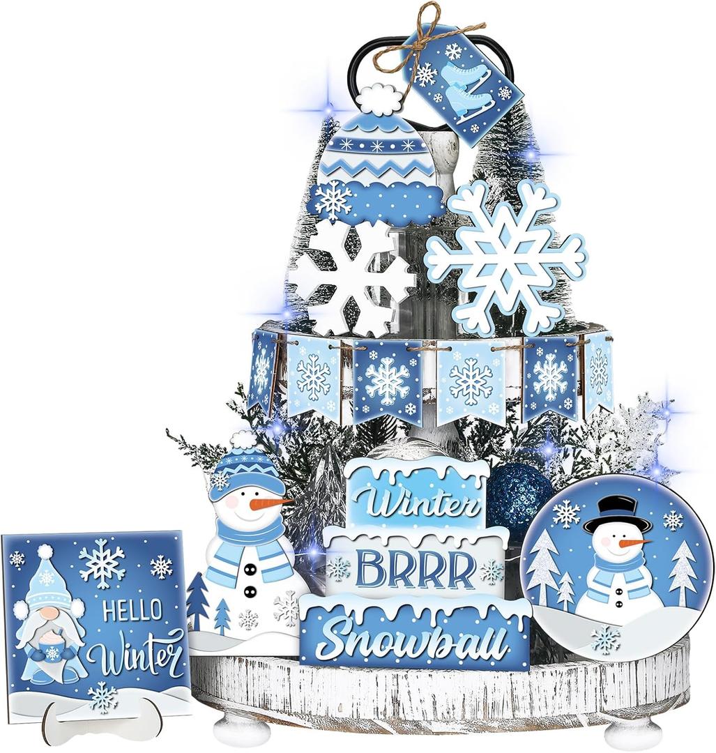 Menkxi 15 Pcs Winter Tiered Tray Decor Snowman Snowflake Tiered Tray Decorations Set Blue Rustic Farmhouse Wooden Signs Tabletop Centerpieces for Winter Holiday Party(Stylish)