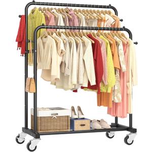 Laiensia Double Rods Garment Rack with Wheels, Clothing Rack for Hanging Clothes,4 Hooks, Multi-functional Bedroom Clothes Rack, Black