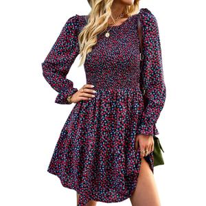 KIRUNDO Long Sleeve Dress for Women 2025 Summer Fall Wedding Guest Smocked Floral Crewneck Ruffle A Line Flowy Mini Dress (L)
