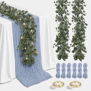 Cinrobiye 11pcs Cheesecloth Table Runner Set 120 Inch – Gauze Table Runner with Napkins, Eucalyptus Garland & String Lights for Wedding Baby Shower Table Decor, Rustic Boho
