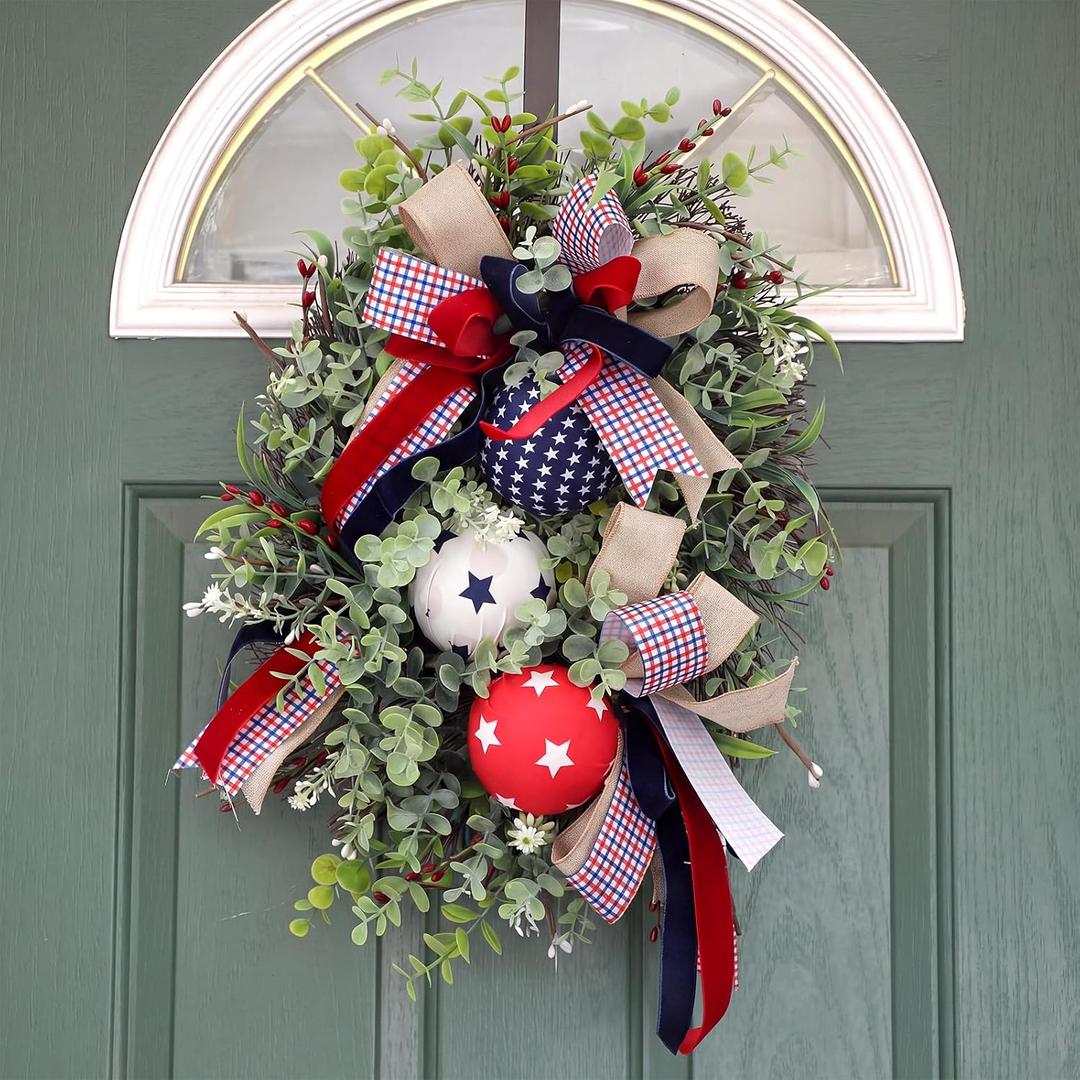 Lineshading Patriotic Wreath for Front Door 4th of July Wreath Red White Blue 250th Anniversary Stars & Bows Memorial Day Veterans American Flag Outdoor Home Wall Independence Day Party Decoration