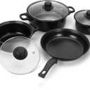 Non-Stick Cookware Set, 13 Piece Set Portable Lightweight Cast Iron Pots and Pans with Glass Lids and Nylon Utensils for Outdoor Camping Picnic Travel Cookware Black