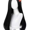 Long Straight Black Kids Wig with Flower Hair Clip, Wigs for Girls Toddler Cosplay 23.6'' Synthetic Hair + Wig Cap for Halloween Party Daily Costumes
