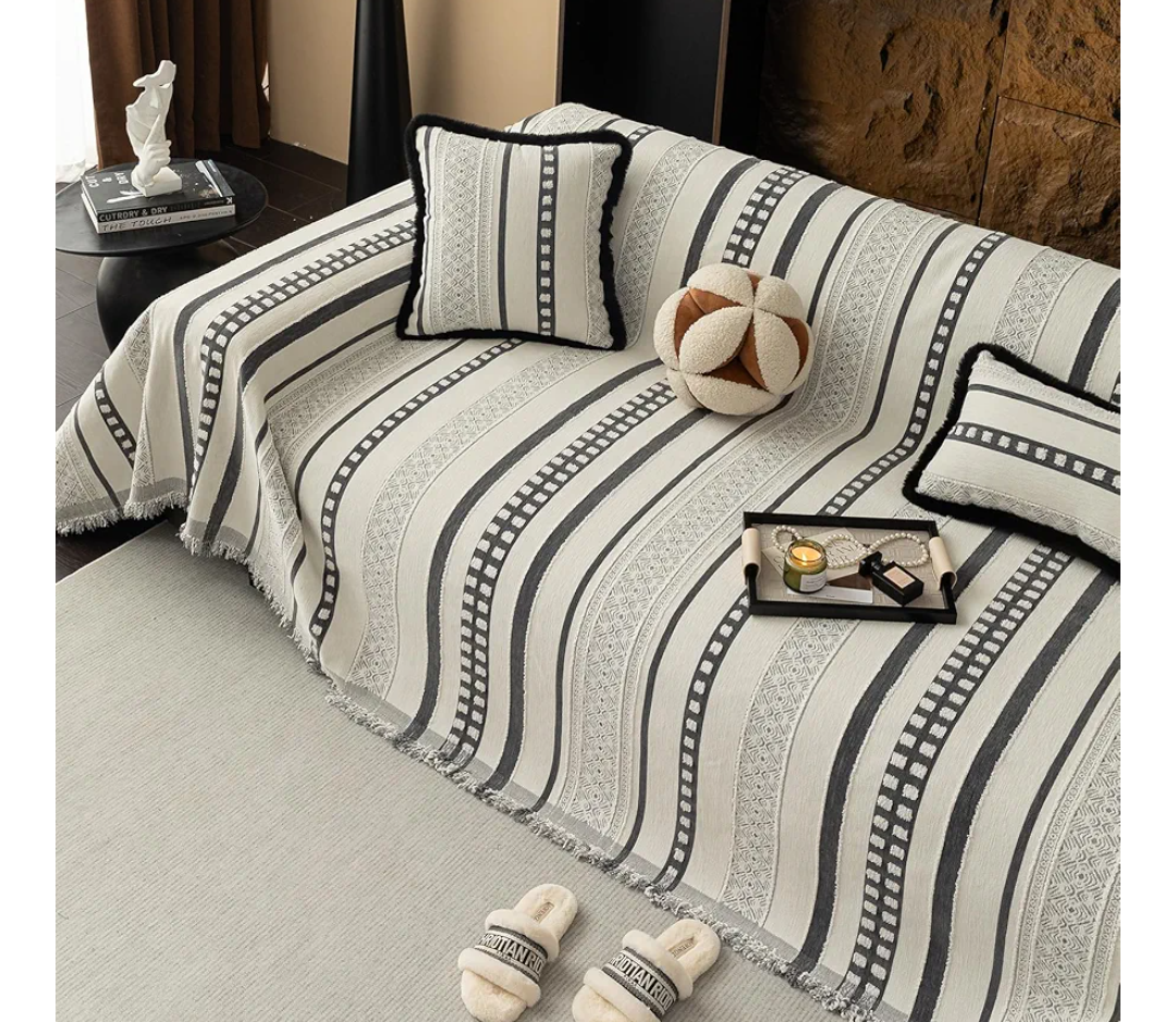 Striped Couch Cover Blankets, Boho Couch Covers, Sofa Blanket Cover for Dogs, Large Couch Covers for Loveseat Sofa, Chenille Sofas Covers Washable Sectional(1pc/Light Grey/71 x 118)
