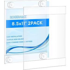 8.5 x 11 Acrylic Sign Holder with 12 Suction Cups, Clear Plastic Window Sign Holder, Wall Mount Advertising Frames for Glass Doors - Perfect for Malls, Offices, Homes, Stores, and Restaurants (2 Pack)