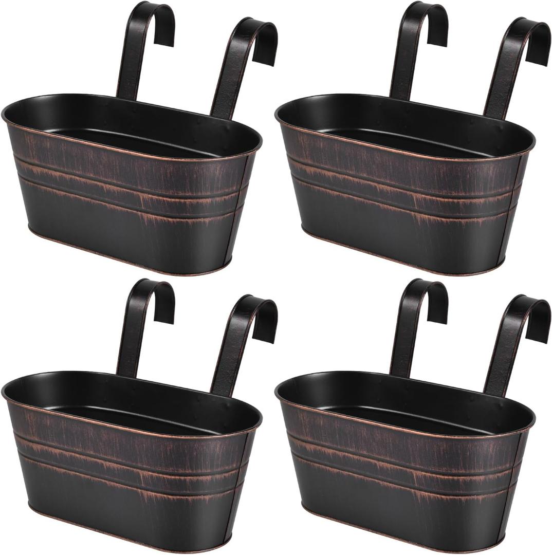 OBTANIM 4 Pack Metal Hanging Flower Pots Iron Railing Planter Outdoor Fence Hanging Pots Bucket Plant Holder with Detachable Hooks Drain Holes for Home Garden Yard Decor (Black