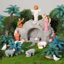 RoundFunny 29 Pcs Easter Resurrection Scene Set Jesus Nativity Scene Figures Including Jesus Empty Tomb Cross Angels Mary Sheep Dove Rabbit Tree Dry Moss Religious Christian for Easter Table Decor