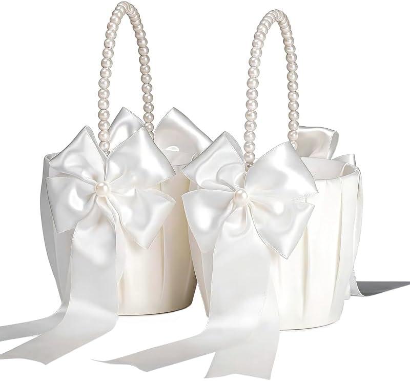 Flower Girl Baskets for Wedding, Ivory Flower Girl Basket With Pearl Handle set of 2, Wedding Baskets for Flower Girls