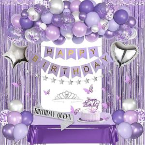 Purple Birthday Decorations for Women Girls, Lavender Silver Metallic Balloons Glitter Sash Fringe Curtain Butterfly Decor Cake Topper Happy Birthday Banner Butterfly Party Decorations Lavender Bday