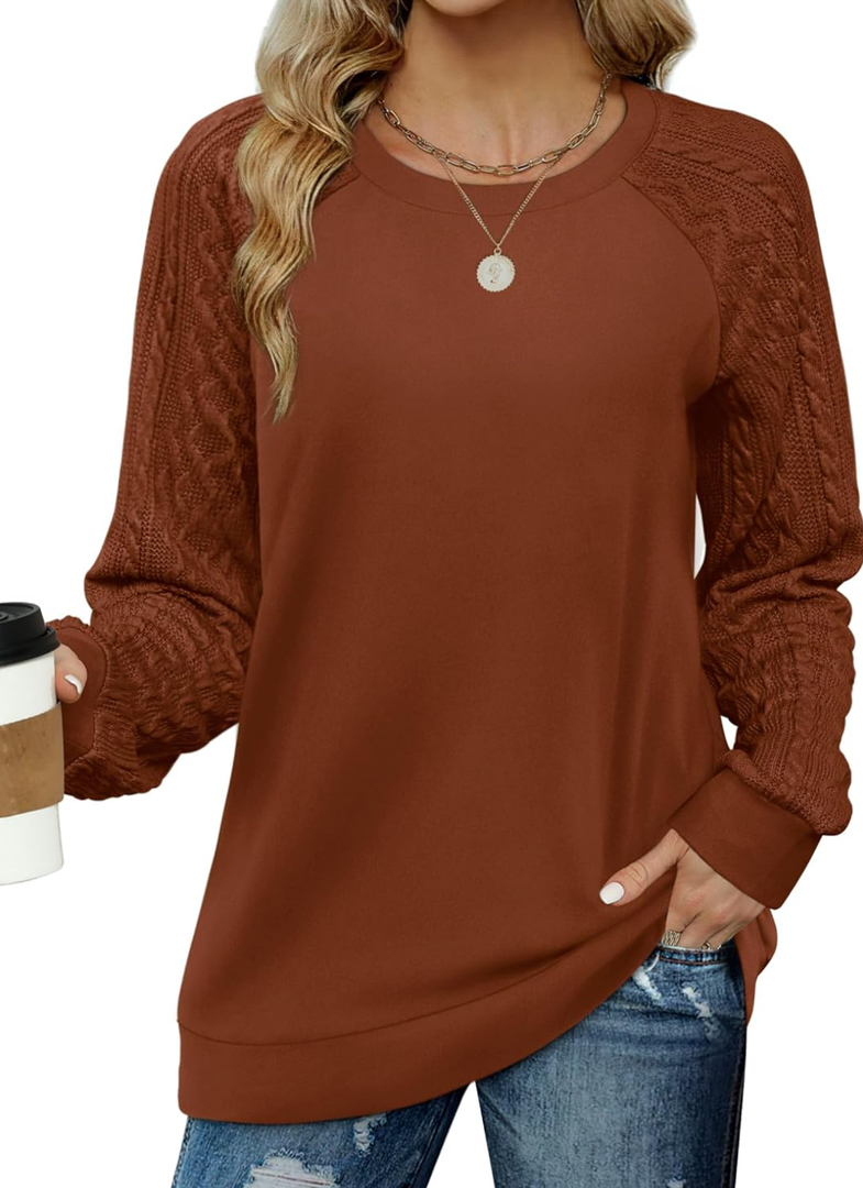 Saloogoe Sweatshirts for Women Crewneck Cable Knit Sleeve Sweaters Lightweight Fashion 2025, XL, Brown 