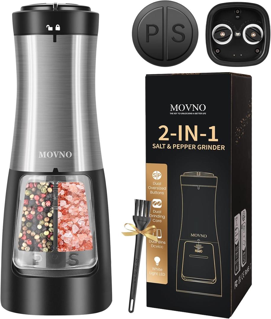 MOVNO 2 in 1 Electric Salt and Pepper Grinder Set (Battery Powered), Automatic Salt and Pepper Grinder, One-Handed Operation, Adjustable Ceramic Grinder with LED Light