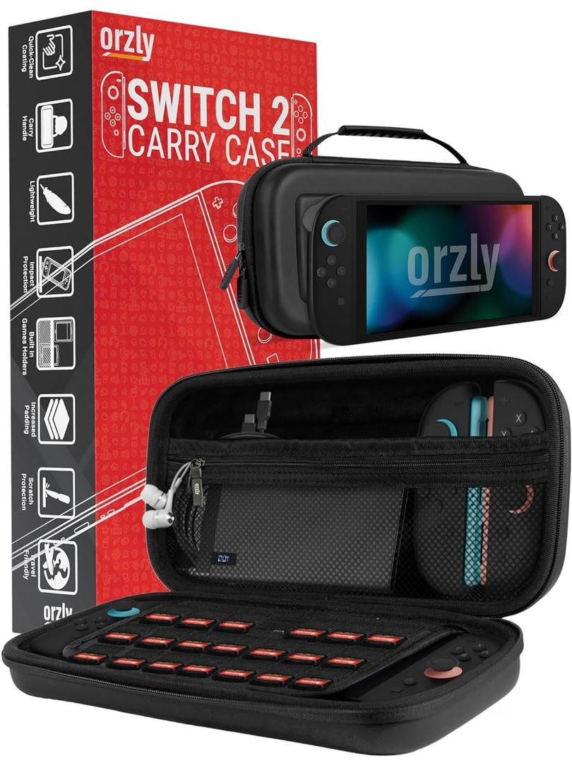Orzly Case Compatible with Nintendo Switch 2 Protective Carry Case (2025 Model) with Screen Padding, Game Card microSD Pockets for Console and Accessories Screen Size 7.9" - Gift Boxed (Black)