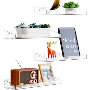 Yieach 4 Pack Acrylic Shelves for Bathroom Wall with Adhesive,No Drilling Floating Shelves,Room Decor,15" Wall Shelf Organizer for Lego,Action,Figure,Collectibles,Makeup,Perfume,Invisible Bookshelf