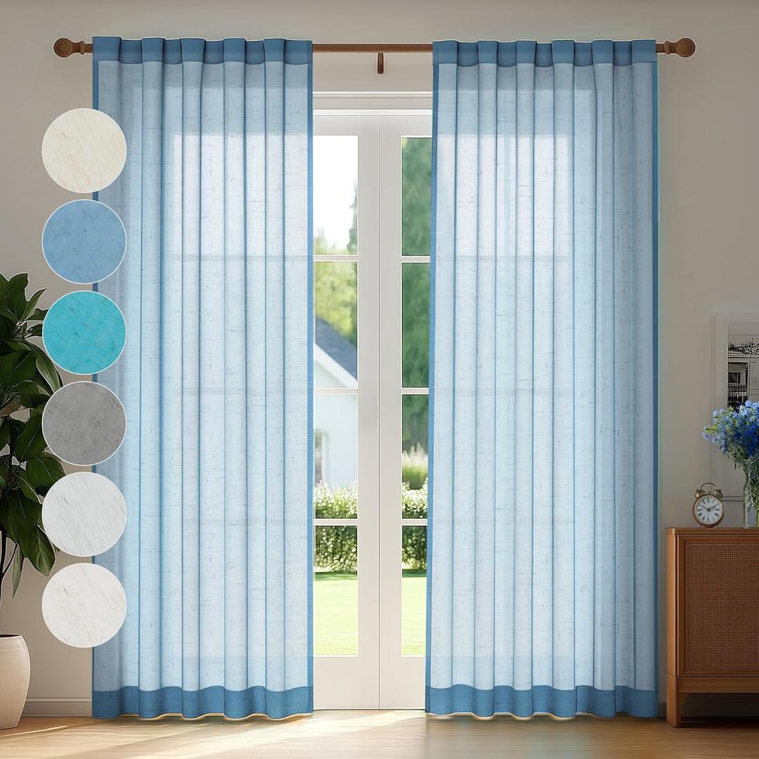 Deconovo Faux Linen Semi Sheer Curtains, 52x84 Inch Long, Set of 2 Back Tab Panels, Light Filtering Voile Window Treatment, Airy Privacy Drapes, Washable & Sustainable for Living Room Bedroom Nursery