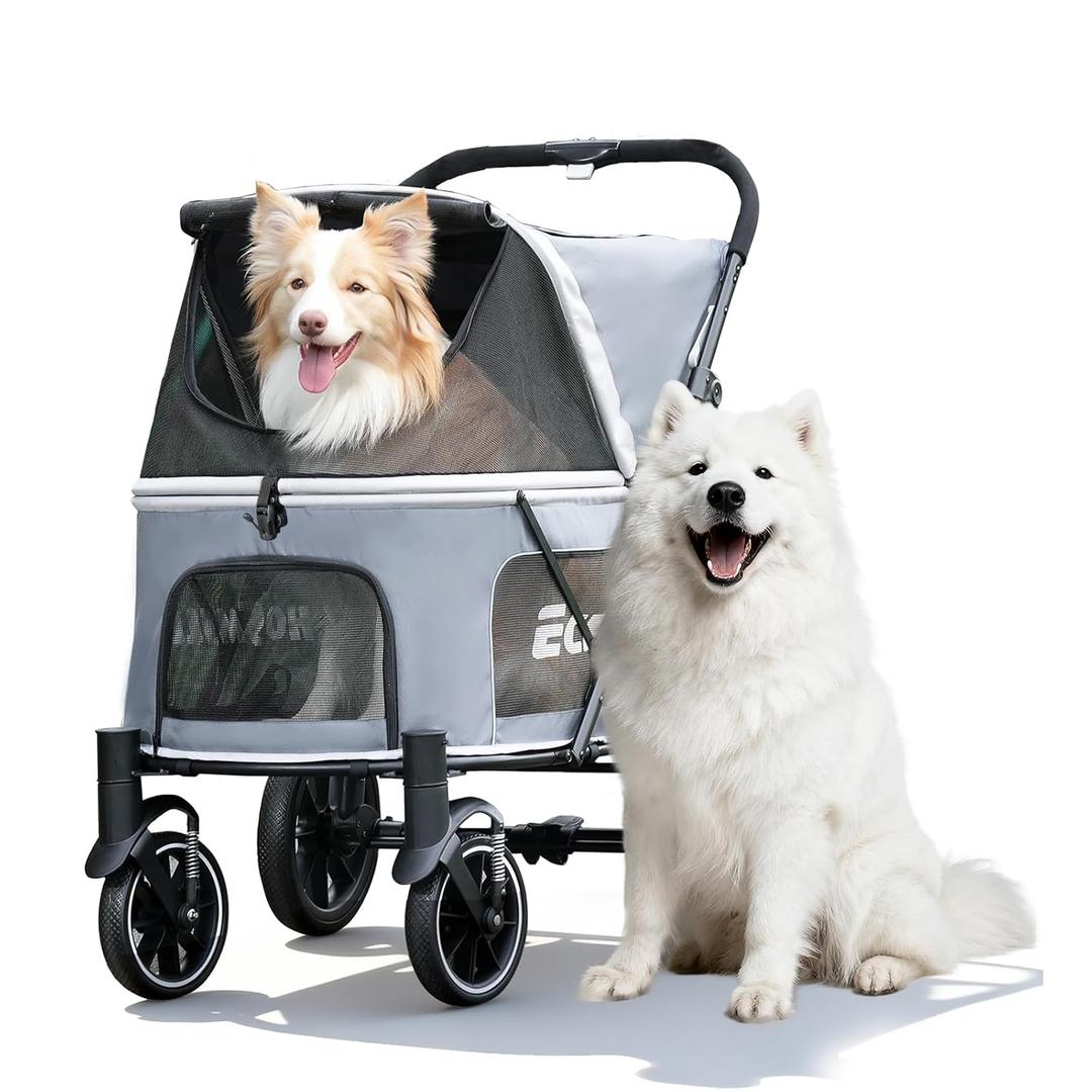 EchoSmile Dog Stroller for Large Dogs, 135lbs Weight Extra Large Pet Stroller, 4 Wheels Cats & Dogs Carrier with Brakes, Breathable Mesh Windows & Pocket, Gray