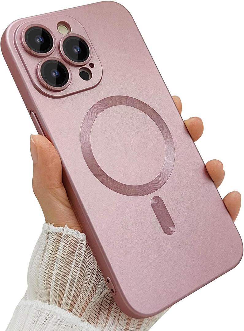 Magnetic for iPhone 15 Pro Max Phone Case for Women, Matte Luxury Soft Metallic Luster Design with Camera Lens Protector, Compatible with Magsafe Case for iPhone 15 Pro Max 6.7"-Pink