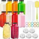 TUZAZO 10 Pack 12 Oz Glass Juice Bottles with Lids, Reusable Travel Drinking Jars Juice Containers, Glass Bottles for Juicing with Brush, Straws, Lids with Hole