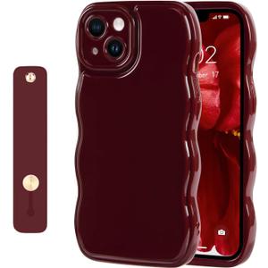 NITITOP Compatible with iPhone 13 Case Cute Simple Wave Design Stylish Wavy Curly Frame with Wrist Adjustable Hand Strap Kickstand Grip Holder Soft Silicone Protective Cover - Wine Red