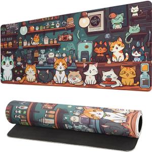 Gaming Mouse Pad Desk Pad,Extended Big Mouse Pad,31.5x11.8 Inch Long Computer Keyboard Mouse Mat Mousepad with 3mm Non-Slip Base and Stitched Edge for Gaming and Office (cat)