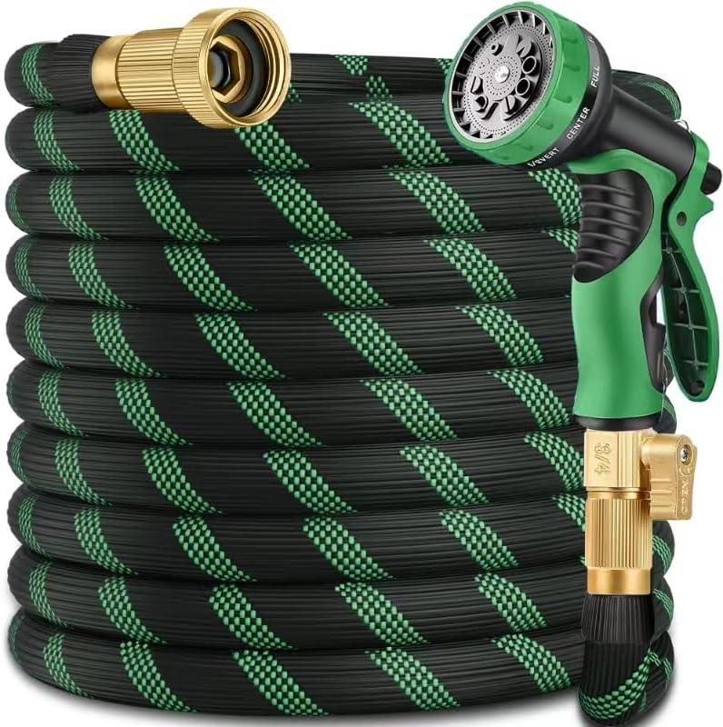 75 ft Heavy Duty Garden Hose - Super Flexible Leader Water Hose with 10 Pattern Spray Nozzle, Hybrid Rubber Hose Car Wash Pipe,3/4'' Solid Brass Conne (BlackGgreen)
