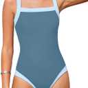 Shallmu Girls Swimsuits Color Block Adjustable Thick Strap One Piece Bathing Suits with Cover Up Skirt Girl's Swimwear 9-16Y (13-14 Years, Blue)