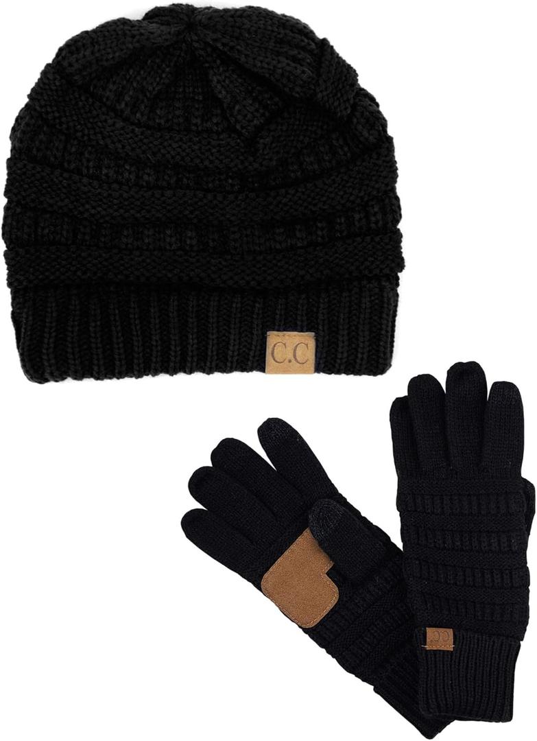 C.C Unisex Soft Stretch Cable Knit Beanie and Anti-Slip Touchscreen Gloves 2 Pc Set (One Size)