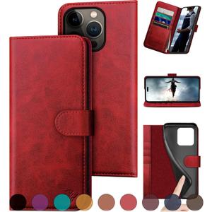 Compatible with iPhone 16 Pro Max 6.9" Genuine Leather Wallet caseRFID Blocking4 Credit Card HolderReal Leather Flip Folio Book Phone case Cover Women Men for Apple 16 ProMax case Red