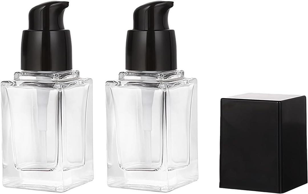 2Pcs 15ml/0.5oz Transparent Glass Square Liquid Foundation Bottles with Black Press Pump Empty Refillable Travel Dispenser Samples Vials Containers for Lotion Cream Cosmetic