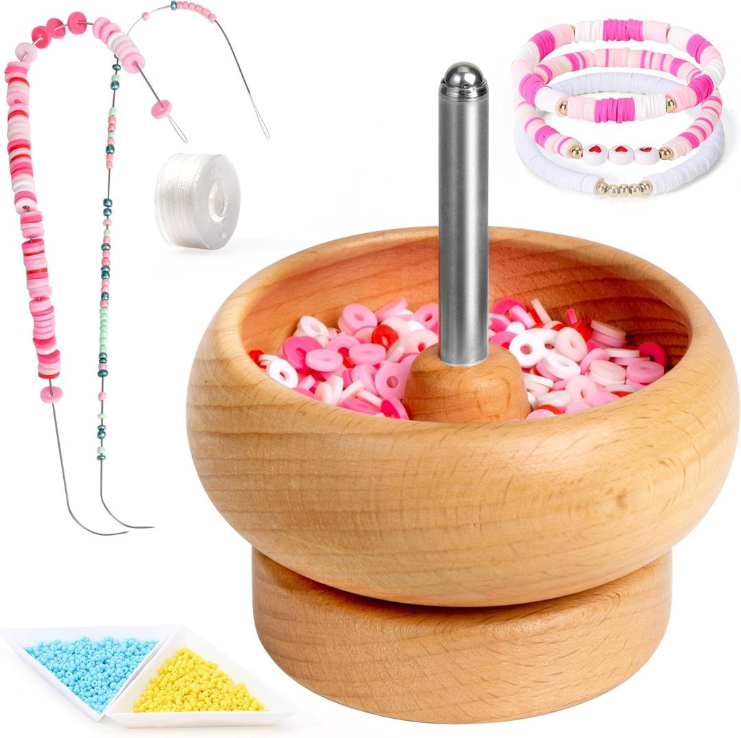 Tilhumt Bead Spinner for Jewelry Making, Effortless Rotating Wooden Clay Bead Spinner with 2 Big Eye Beading Needles and 2000 Seed Beads, Beading Supplies for Making Waist, Bracelets, Necklace