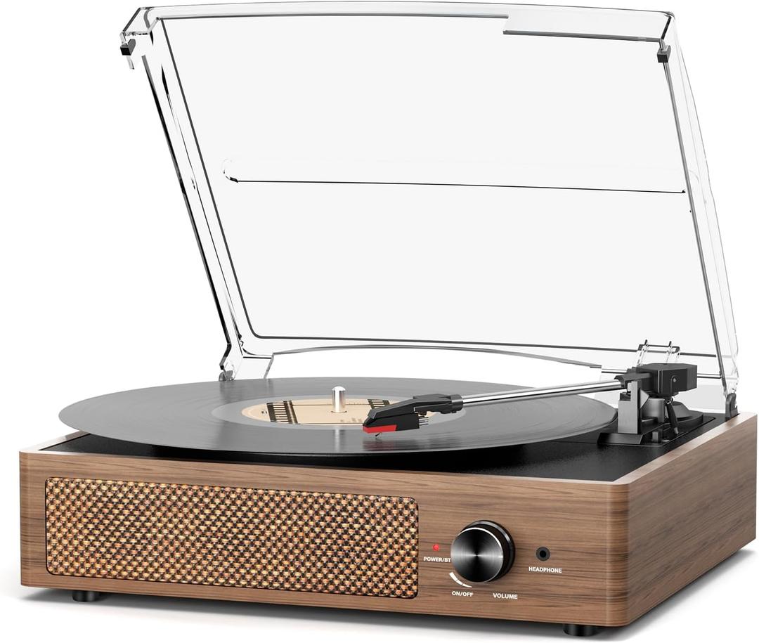 Record Player for Vinyl with 2 Build-in Speakers LP Vinyl Players Belt-Driven Vintage Turntables 3 Speed 3 Size, Wireless Bluetooth Playback, AUX-in,RCA Out, Headphone, Auto Stop Wood