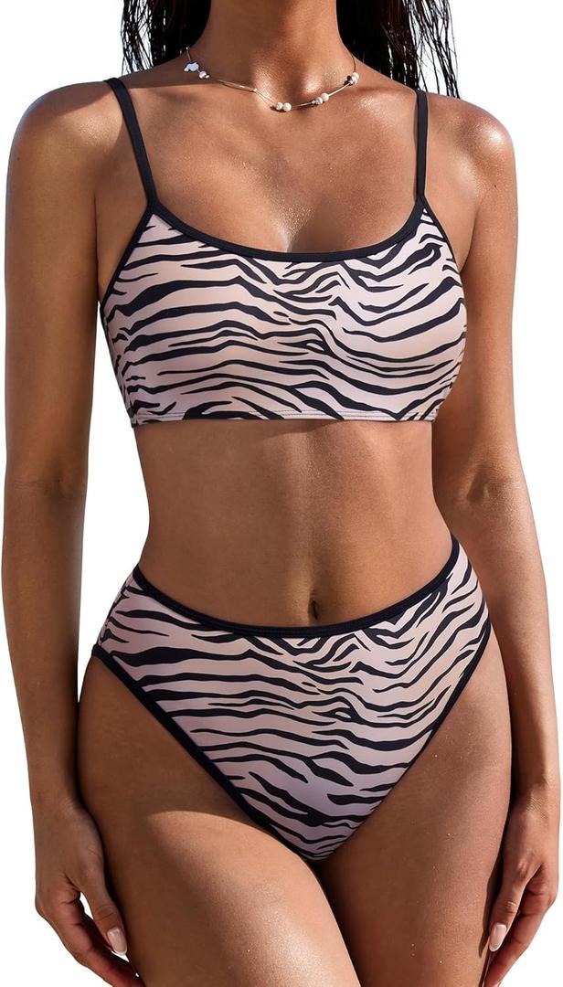 SUUKSESS Women High Waisted 2 Piece Bikini Set Cheeky High Cut Bandeau Swimsuit (Medium, 61 Zebra Print)