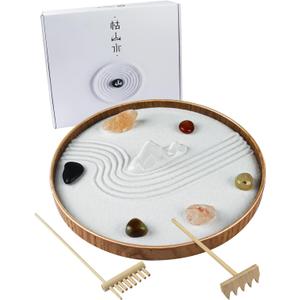 Japanese Zen Garden for Desk - Static Mountain 10" x 10" Desktop Mini Zen Garden with White Sand Artificial Tree Rocks Rakes & Accessories - Meditation Zen Gifts Sand Garden Kit for Office Zen Decor