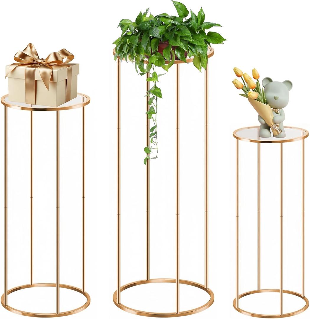 Cylinder Stands for party, 3PCS Elegant Gold Metal Plant Round Pedestal Stand, Display Stand Tables Cake Stand for Party Weddings Birthday Backdrop Decorations