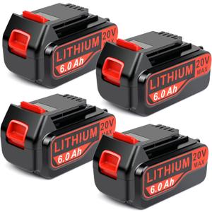 4-Pack High-Output 6Ah 20V Battery Replacement for Black+Decker 20V Battery Tools LB20 LBX20 LBXR20 LBXR20B LBXR2020 LBX4020 LB2X4020 LST220 Battery
