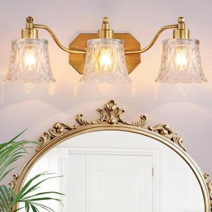 22" Gold Bathroom Light Fixture, 3 Light Brass Vintage Vanity Light, Antique Gold Finish with Crystal Glass Shade, Suit for Bathroom, Bedroom or Hallway