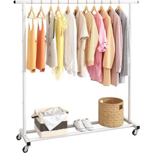 Buzowruil Rolling Garment Rack Freestanding Clothing Organizer with Wheels, Sturdy Metal Frame, Adjustable Rod, Space-Saving Design, White