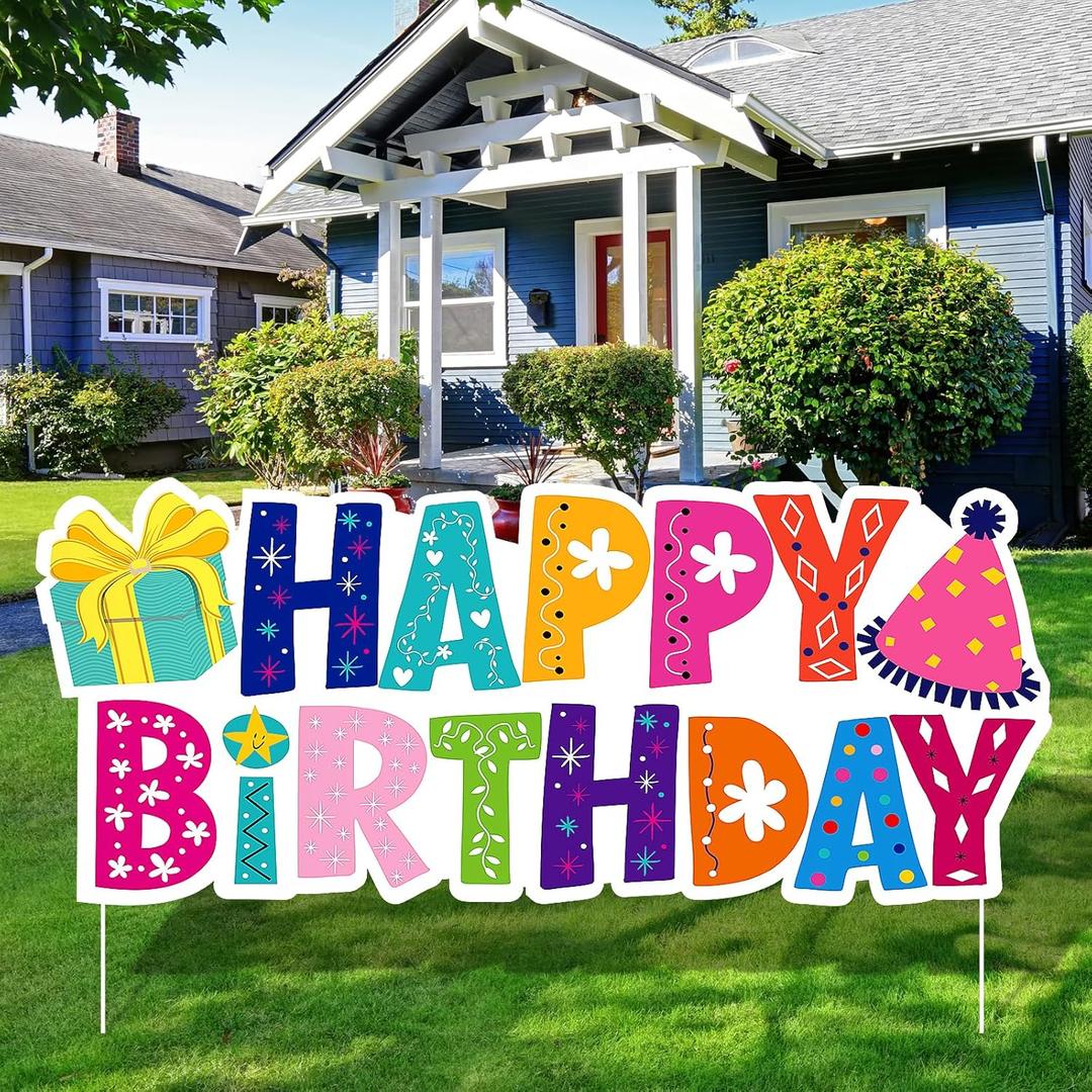 Happy Birthday Yard Sign with Stakes, Colourful Birthday Lawn Signs 37" Large Garden Birthday Board Party Favors Decor for Men Women Kids Gift Outdoor Indoor Home Front Yard Jumbo Decorations Supplies (Colorful)