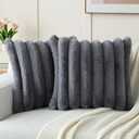 FUTEI Grey Decorative Throw Pillow Covers 18x18 Inch Set of 2, Square Soft Faux Rabbit Fur Big Striped Cushion Cover,Home Decor for Couch Sofa Bed Living Room (18" x 18" (Pack of 2))