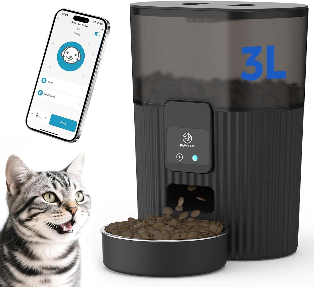 Automatic Cat Feeder 3.5L/15 Cup 2.4G WiFi Pet Feeder for Dog Work with Alexa & Echo Timed Cat Food Dispenser for Remote Feeding with Stainless Steel Bowl up to 10 Meals Per Day with APP (Black)