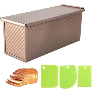 2.2Lb Bread Pan, Non-Stick Rectangle Pullman Loaf Pan with Lid, Long Sourdough Bread Loaf Pan for Homemade, Deep Bread Tin with Dough Scraper Cutter (13inch, Gold)