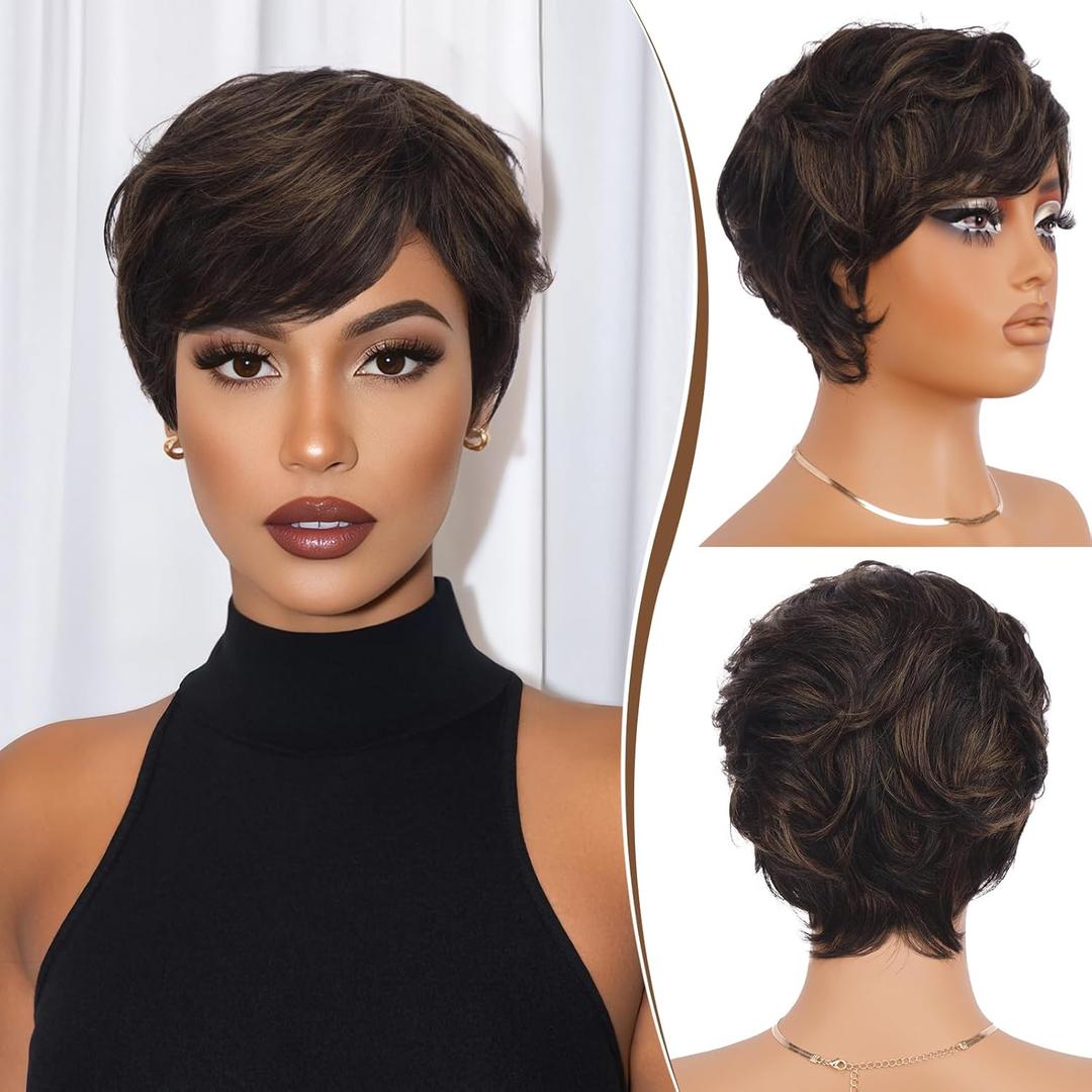 RUWISS Pixie Cut Wig Human Hair  Short Wigs for Black Women with Bangs, Natural Layered Wavy Wig, Glueless, 1B/4#
