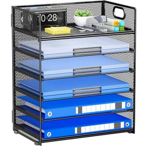 6-Tier Paper Organizer for Desk with Handle, Heavy Duty Metal File Organizer | Stackable Desktop Organizer for Office Supplies, Documents and Stationery Storage (12.6" x 9.1" x 13.5", Black)