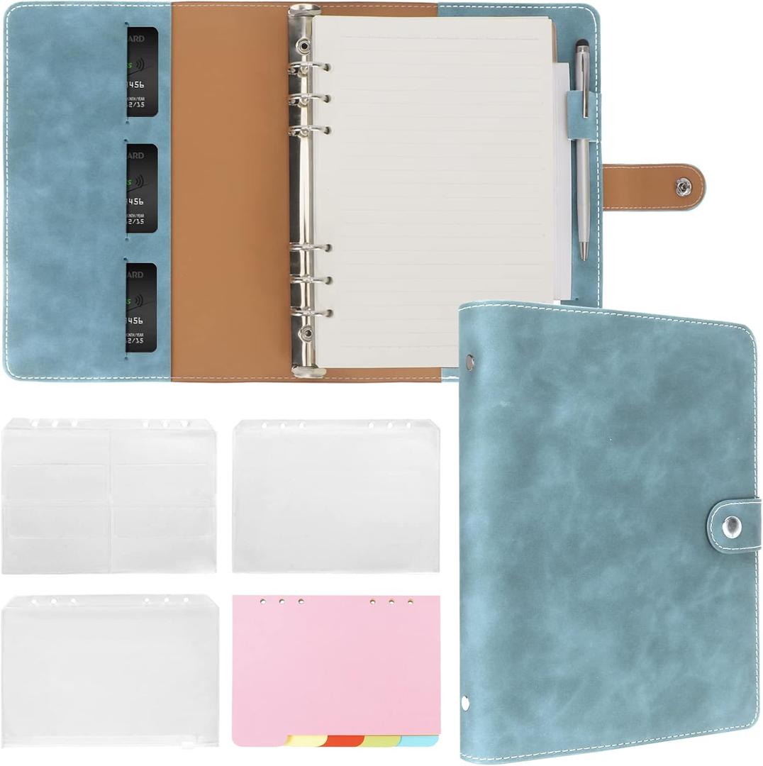 FYY A5 Binder Refillable Planner Notebook 6 Ring PU Leather Binder Journal with Pockets, Dividers, Refill Paper Blue