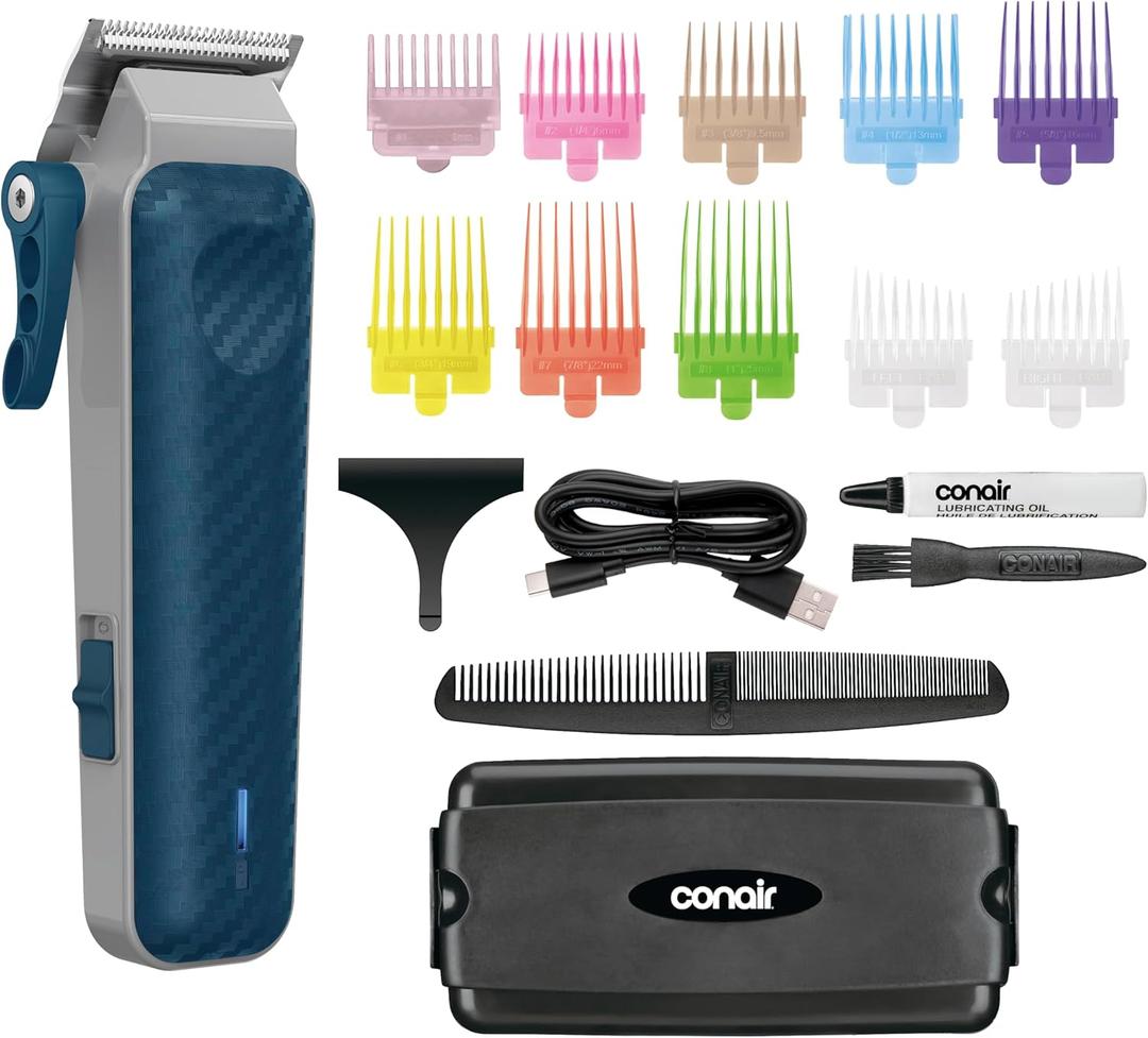 Conair Men Lithium-Ion Rechargeable Clipper & Hair Trimmer for Men, 17-Piece Clippers for Hair Cutting Kit with Color-Coded Combs, 5-Position Taper Control for Tapered Edges and Fades, Quick Charge
