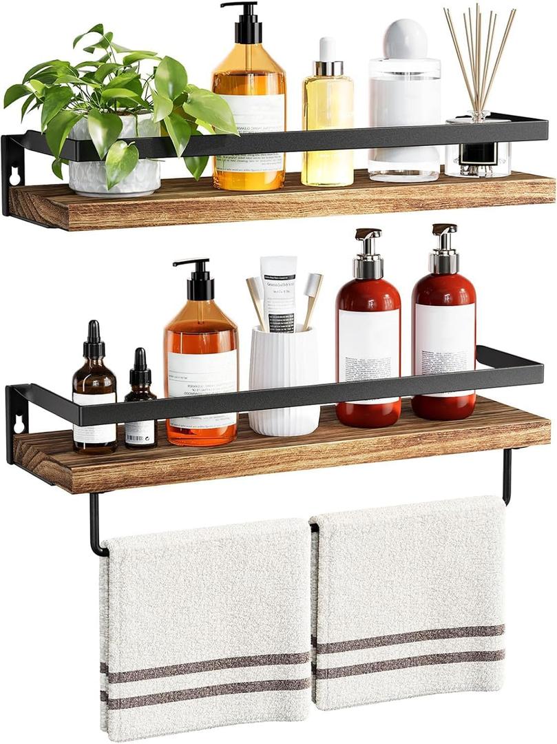 AMADA HOMEFURNISHING Bathroom Shelves with Towel Bar, Floating Shelves, Wall Shelves for Bathroom/Living Room/Kitchen/Bedroom, Rustic Brown, Set of 2 - AMFS01BN