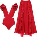 IDOPIP Women's One Piece Swimsuit with Beach Cover up Wrap Skirt Sarong Retro Floral Print Bikini Set Two Piece Bathing Suit, Medium, Red 