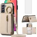 Asuwish Compatible with Samsung Galaxy S22 Plus S22+ 5G Wallet Case with Screen Protector and Crossbody Shoulder Strap Buckle Card Holder Cell Phone Cover for S22+5G S22plus 22S + S 22 22+ Women Beige