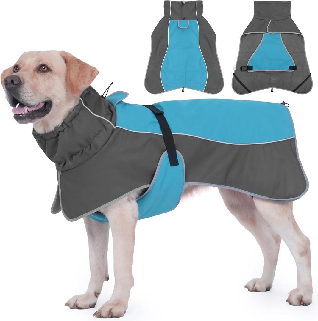 Dog Raincoat, Waterproof Dog Coat with Reflective Straps, Leash Hole & Polar Fleece Lining, Winter Snow Rain Coat for Small, Medium & Large Dogs, Warm, Windproof Vest Jackets (Blue)
